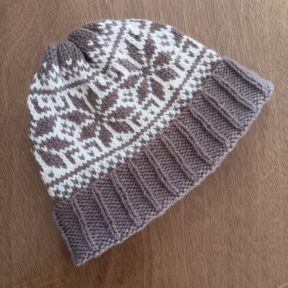 Hand Crafted Handknit Taupe Brown & Ivory Scandinavian Motif Beanie Hat OSFM